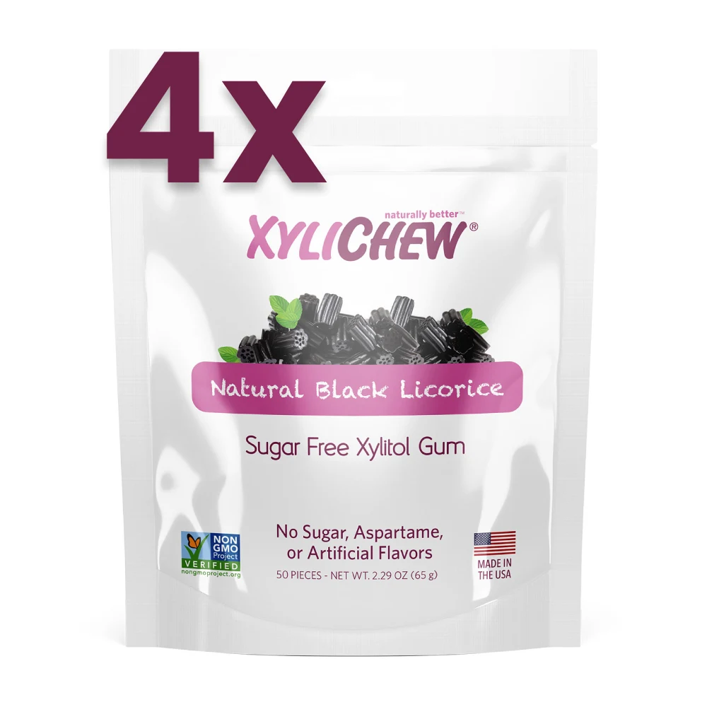 picture of Xylichew Licorice Xylitol Chewing Gum 200 pcs chewing gum - 4 bags of 50 pcs on white background | For website: healthychewinggum.com | Source: Xylichew