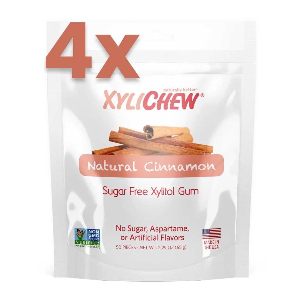 picture of Xylichew Cinnamon Xylitol Gum 200 pcs of gum - 4 bags of 50 pcs on white background | For Website: healthychewinggum.com | Source: Xylichew