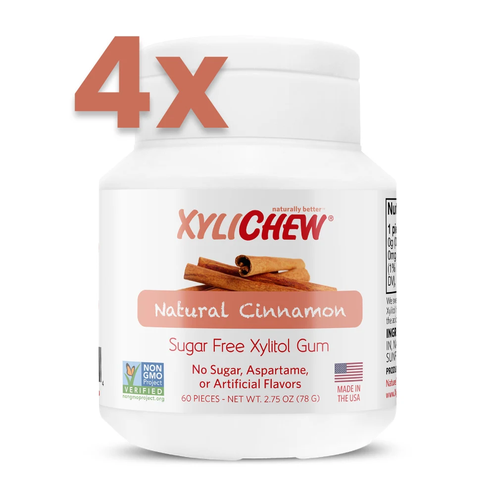 picture of Xylichew's cinnamon xylitol chewing gum in bottles with 240 pieces on a white background without aspartame (aspartame-free) | For the website: healthychewinggum.com | Source: Xylichew