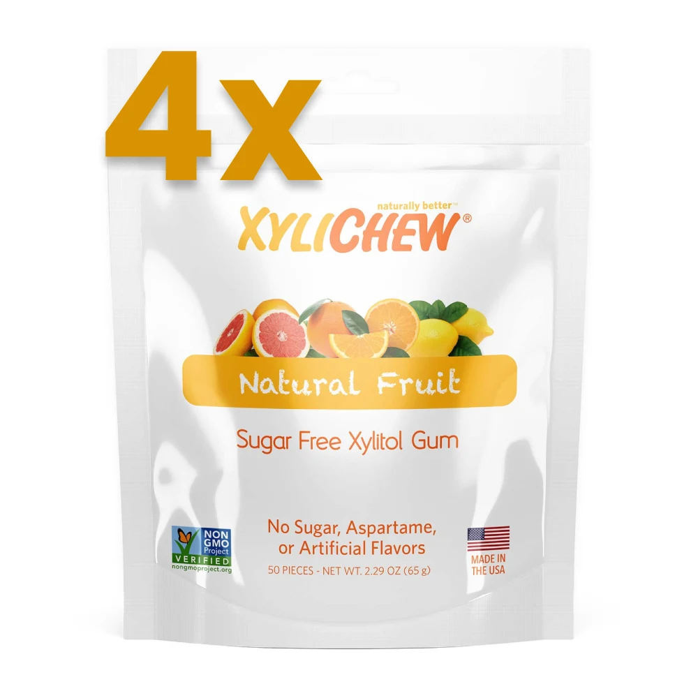 picture of Xylichew Fruit Xylitol Chewing Gum 200 pcs chewing gum - 4 bags of 50 pcs on white background | For Website: healthychewinggum.com | Source: Xylichew