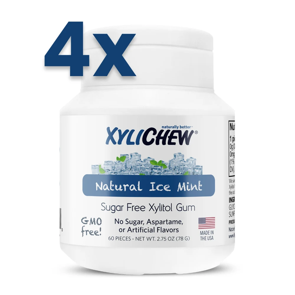 Image Ice Mint xylitol chewing gum by Xylichew in bottles with 240 pcs on white background without aspartame (does not contain aspartame) | For website: healthychewinggum.com | Source: Xylichew