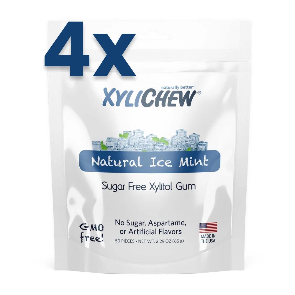 picture ice mint xylitol chewing gum by Xylichew 200 pcs chewing gum - 4 bags of 50 pcs on white background | For Website: healthychewinggum.com | Source: Xylichew