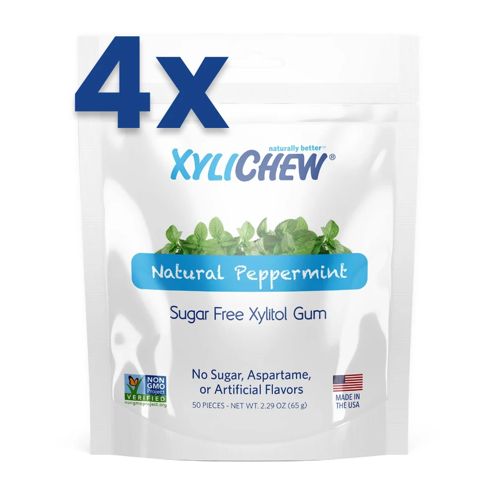 picture peppermint xylitol chewing gum by Xylichew 200 pcs chewing gum - 4 bags of 50 pcs on white background | For Website: healthychewinggum.com | Source: Xylichew