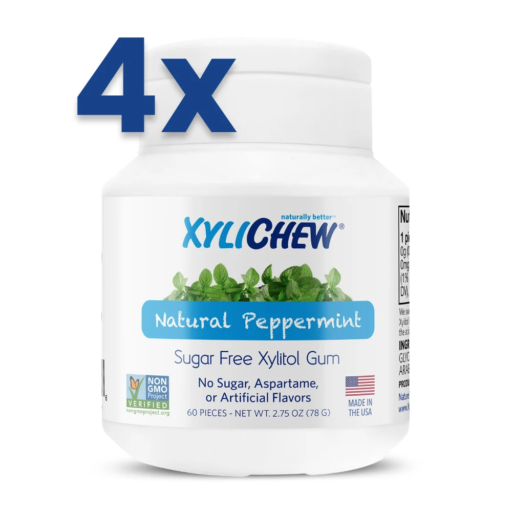 image of peppermint xylitol chewing gum by Xylichew in bottles with 240 pieces on a white background without aspartame (aspartame-free) | For the website: healthychewinggum.com | Source: Xylichew