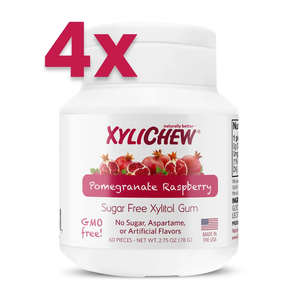 picture of pomegranate xylitol chewing gum (raspberry) by Xylichew in bottles with 240 pieces on a white background without aspartame (aspartame-free) | For website: healthychewinggum.com | Source: xylichew