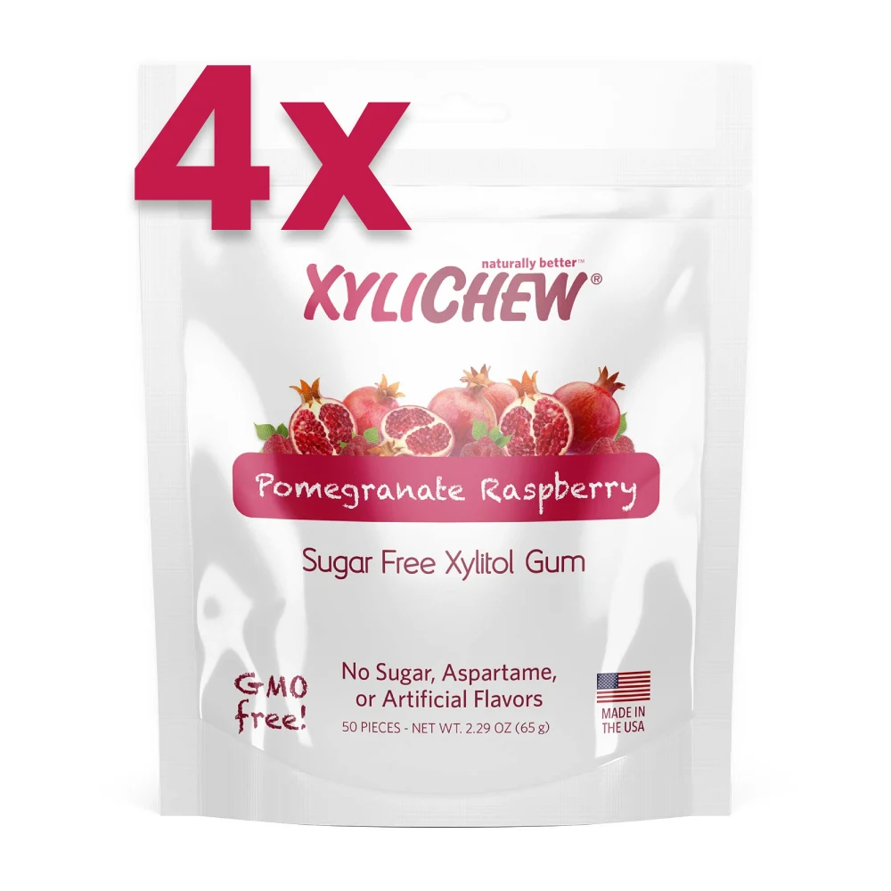 picture pomegranate and raspberry xylitol chewing gum by Xylichew 200 pcs chewing gum - 4 bags of 50 pcs on white background | For website: healthychewinggum.com | Source: xylichew