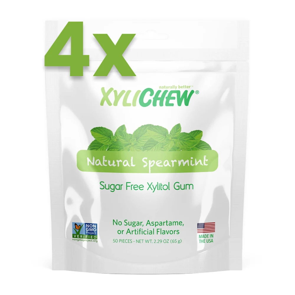 picture of spearmint xylitol chewing gum by Xylichew 200 pcs chewing gum - 4 bags of 50 pcs on white background | For Website: healthychewinggum.com | Source: Xylichew