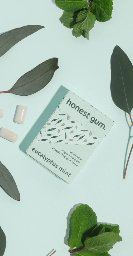 Žvýkačky honest gum položené uprostřed s okolo rozmístěnými lístečky eukalyptu, máty a žvýkaček na světle zelenkavém pozadí | Pro web: healthychewinggum.com