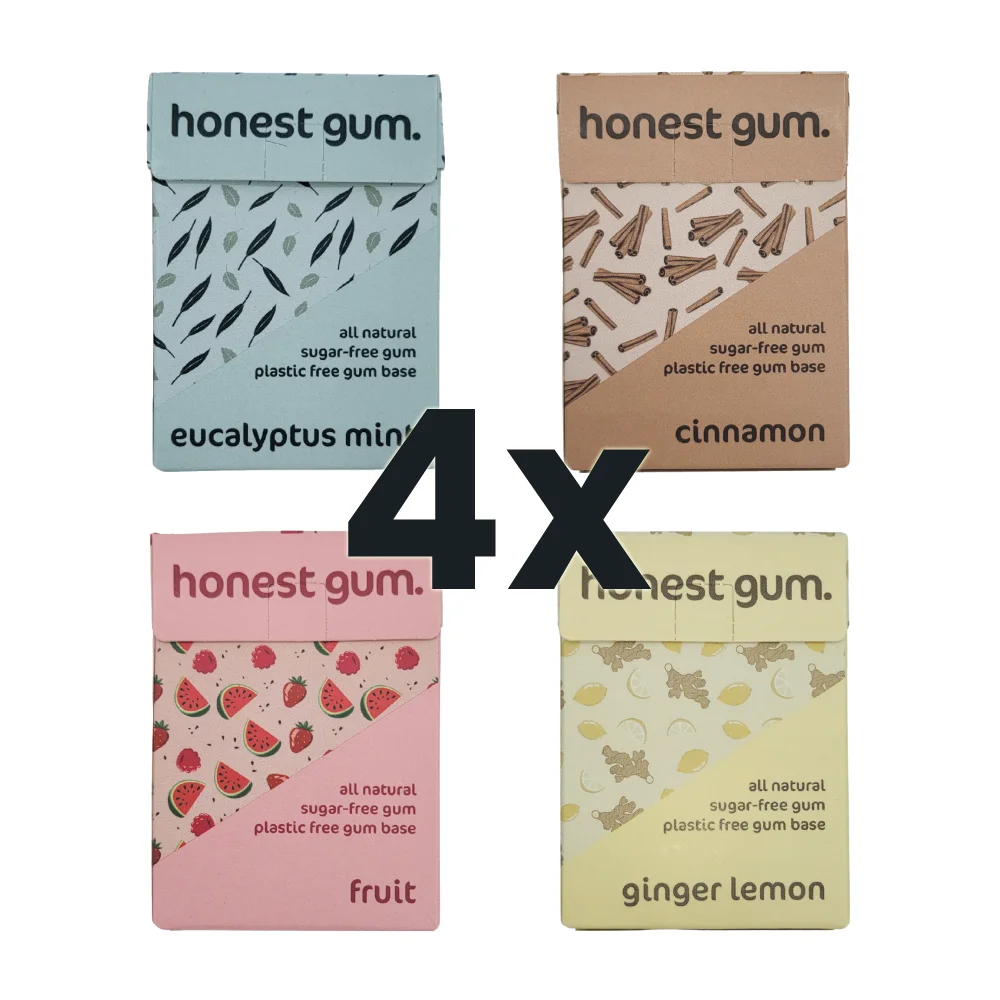 Photo of 4 packs of Natural Chewing Gum (100%) honest gum next to each other with 4 flavors eucalyptus mint, ginger lemon, cinnamon and fruit (fruit) on a white background - image for product MIX 4 Flovers of Natural Chewing Gum (16 boxes) - 4 flavors (4xpack with 4 flavors - 16 pcs) | For Category: Natural Chewing Gum (Healthy Chewing Gum | For Website: HealthyChewingGum.com