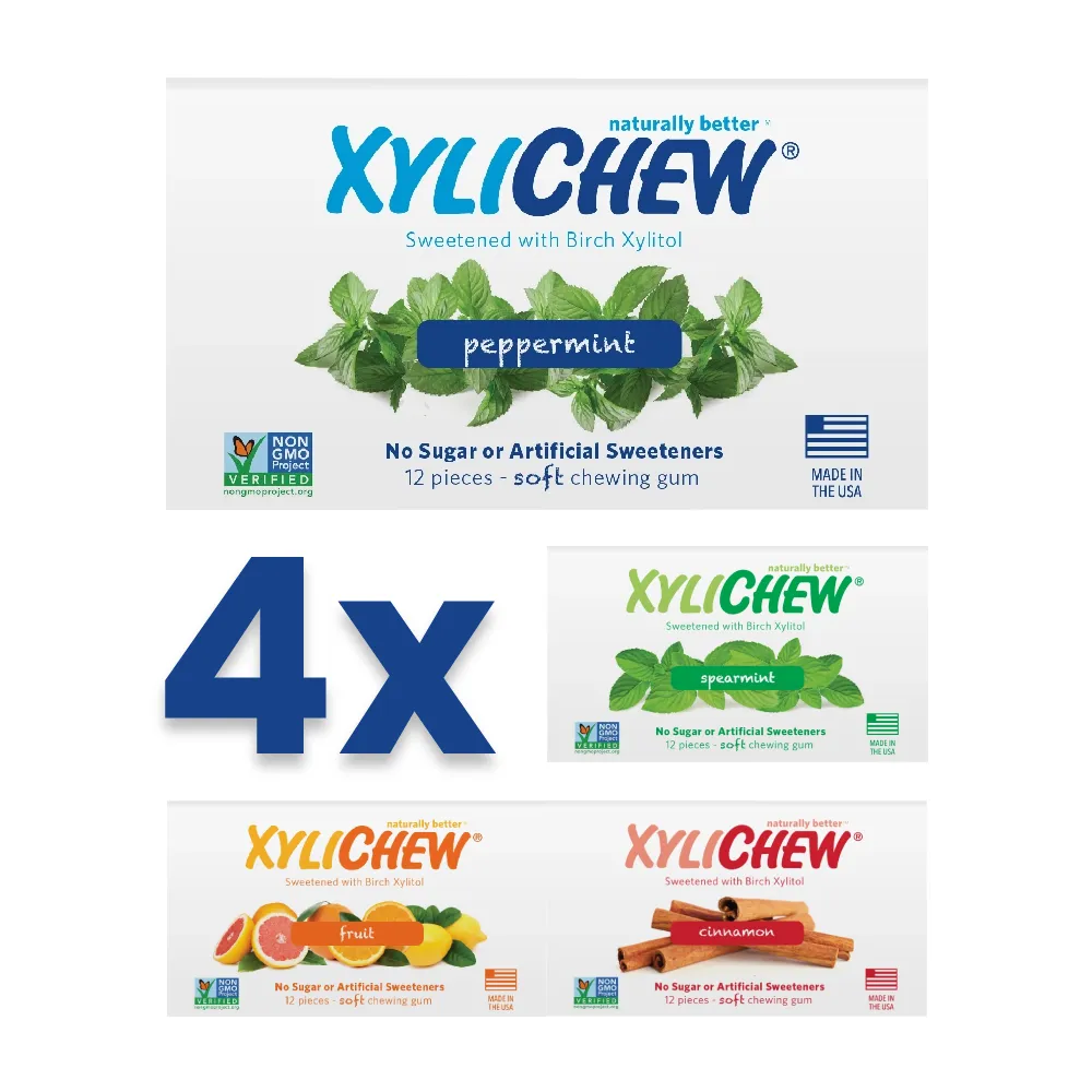 Photo of 4 packs of Xylitol Chewing Gum Xylichew next to each other with 4 flavors peppermint, spearmint, fruit and cinnamon on a white background (MIX 4 flavors of xylitol chewing gum) - image for product MIX - 4 flavors (4xpack with 4 flavors - 16 pcs) | For Category: Xylitol Chewing Gum (Healthy Chewing Gum | For Website: HealthyChewingGum.com