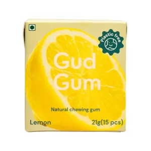 obrázek žvýkaček s příchutí citrónové přírodní žvýkačky od Gud Gum ve flipové krabičce zepředu s 15 ks žvýkaček na bílém pozadí | Žvýkačky bez plastu, cukru, udržitelné, kompostovatelné a bez aspartamu | Pro web: healthychewinggum.com | Zdroj: Gud Gum