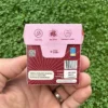 Jahodové přírodní žvýkačky Gud Gum bez plastových materiálů a bez škodlivé chemie (Britská jahoda) držené v ruce levou rukou na pozadí trávník zahrady - pohled zezadu na krabičku žvýkaček | Bez aspartamu, bez cukru, bez sorbitolu, bez BHT, bez BHA | Žvýkačky pro děti