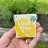 Wrapper of Lemon Chewing Gum in front with activated charcoal, gum in palm with activated charcoal in back held in left hand with mint, grass and dirt in garden in background.