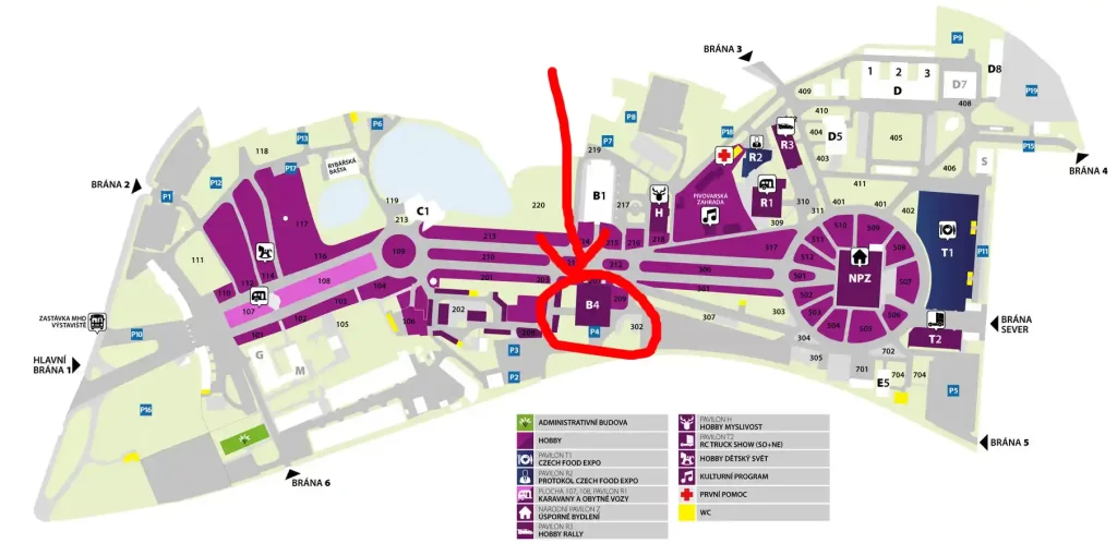 Mapa výstav Hobby 2024 a Czech Food Expo 2024 v Českých Budějovicích s označeným pavilonem B4 - kde bude vystavovat Jiří Samuel zdravé žvýkačky | Zdroj mapy: Výstaviště ČB | Upravil: Jiří Samuel | Pro web: HealthyChewingGum.com