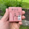 Raspberry gum Gud Gum in a box from the back held in the left hand with herbs, grass and a garden bed in the background