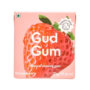 obrázek žvýkaček s příchutí jahodové přírodní žvýkačky od Gud Gum ve flipové krabičce zepředu s 15 ks žvýkaček na bílém pozadí | Žvýkačky bez plastu, cukru, udržitelné, kompostovatelné a bez aspartamu | Pro web: healthychewinggum.com | Zdroj: Gud Gum