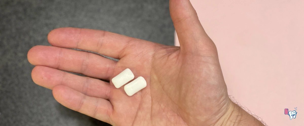 The image shows two chewing gums placed on the palm of a hand, captured against the background which is colored half pink and half grey | For article: What do chewing gums contain and what should you definitely avoid? | For website: healthychewinggum.com | Source: shutterstock