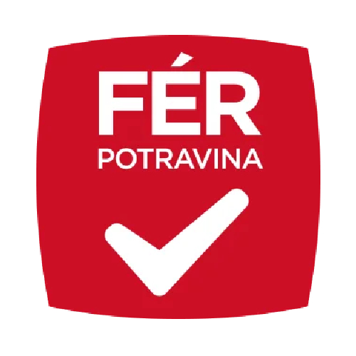 červené logo FÉR potravina s bílým písmem a fajfkou na červeném pozadí | Zdroj: ferpotravina.cz | Pro web: healthychewinggum.com