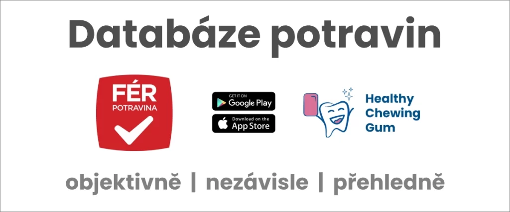 V horní části text "Databáze potravin" pod nadpisem umístěná 3 loga - zleva logo férpotravina.cz, uprostřed logo o dostupnosti na AppStore pro Apple telefon a na Google Play pro Androidy a vpravo logo healthychewinggum.com na bílém pozadí | Vytvořil: Jiří Samuel | Pro web: healthychewinggum.com