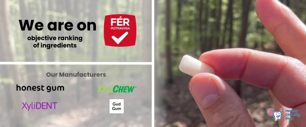 Photograph of beautiful nature on the left side with a white veil on which the logos of ferpotravina.cz, healthychewinggum.com and manufacturers of healthy chewing gum and lozenges are displayed, and on the right side a hand holding white expensive chewing gum between the thumb and forefinger, close up | For page: About us | For website: healthychewinggum.com