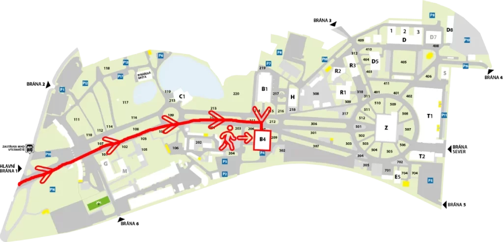 Mapa Výstaviště v Českých Budějovicích - cesta od hlavní brány do pavilonu B4 k vystavovateli Zdravé žvýkačky (Jiří Samuel) na výstavě Země živitelka 2024 | Zdroj mapy: Výstaviště ČB | Úpravy: Jiří Samuel