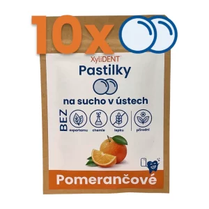 Orange lozenges for dry mouth and dry cough in a small food zip bag (10 lozenges) - light brown color paper bag with Czech description Xylident Lozenges and another text description with a picture of an orange on a white background with 10x description and picture of lozenges