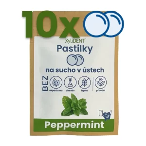 Peppermint pastilky na sucho v ústech a suchý kašel v malém potravinovém zip pytlíku (10 ks pastilek) - pytlík světle hnědé barvy z papíru s českým popisem Xylident Pastilky a dalším textovým popisem s obrázkem s mátou na bílém pozadí s popisem 10x a obrázkem pastilek