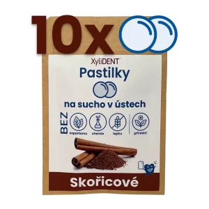 Skořicové pastilky na sucho v ústech a suchý kašel v malém potravinovém zip pytlíku (10 ks pastilek) - pytlík světle hnědé barvy z papíru s českým popisem Xylident Pastilky a dalším textovým popisem s obrázkem se skořicí na bílém pozadí s popisem 10x a obrázkem pastilek