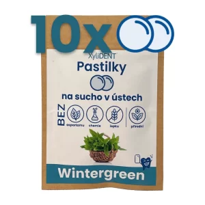 Wintergreen pastilky na sucho v ústech a suchý kašel v malém potravinovém zip pytlíku (10 ks pastilek) - pytlík světle hnědé barvy z papíru s českým popisem Xylident Pastilky a dalším textovým popisem s obrázkem s mátou na bílém pozadí s popisem 10x a obrázkem pastilek