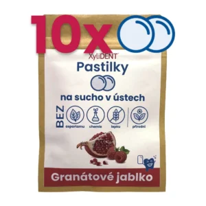 Granátové jablko malina pastilky na sucho v ústech a suchý kašel v malém potravinovém zip pytlíku (10 ks pastilek) - pytlík světle hnědé barvy z papíru s českým popisem Xylident Pastilky a dalším textovým popisem s obrázkem s mátou na bílém pozadí s popisem 10x a obrázkem pastilek
