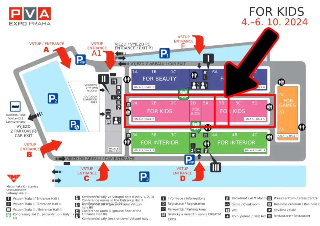 Mapa výstaviště PVA EXPO Praha - pro 3 výstavy současně - šipka ukazující na výstavu v Hale č.5 a konkrétně na sektor 5B - kde nás najdete - Zdravé žvýkačky bez škodlivé chemie, bez aspartamu, bez cukru, bez plastu, bez syntetických konzervantů, barviv a sladidel. 