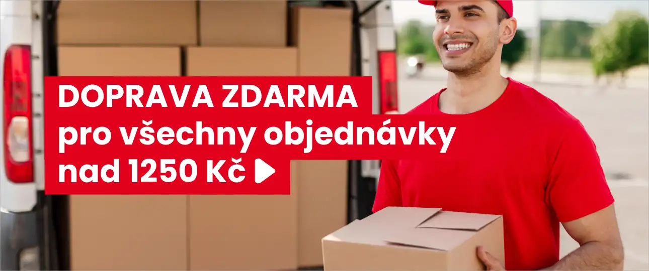 Slider pro dopravu zdarma po levé straně s textem a po pravé straně mladý muž dovážející balík ZDARMA, zdroj: shutterstock.com, autor/úprava: Jiří Samuel, pro web: healthychewinggum.com