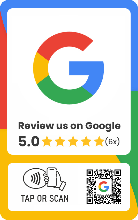 Printscreen rating of Healthy Chewing Gum on Google Maps with 6 reviews with a final rating of 5 stars - image with a large Google letter G - in a coloured rectangle with red blue green yellow and blue yellow colours and the text "Review us on Google"