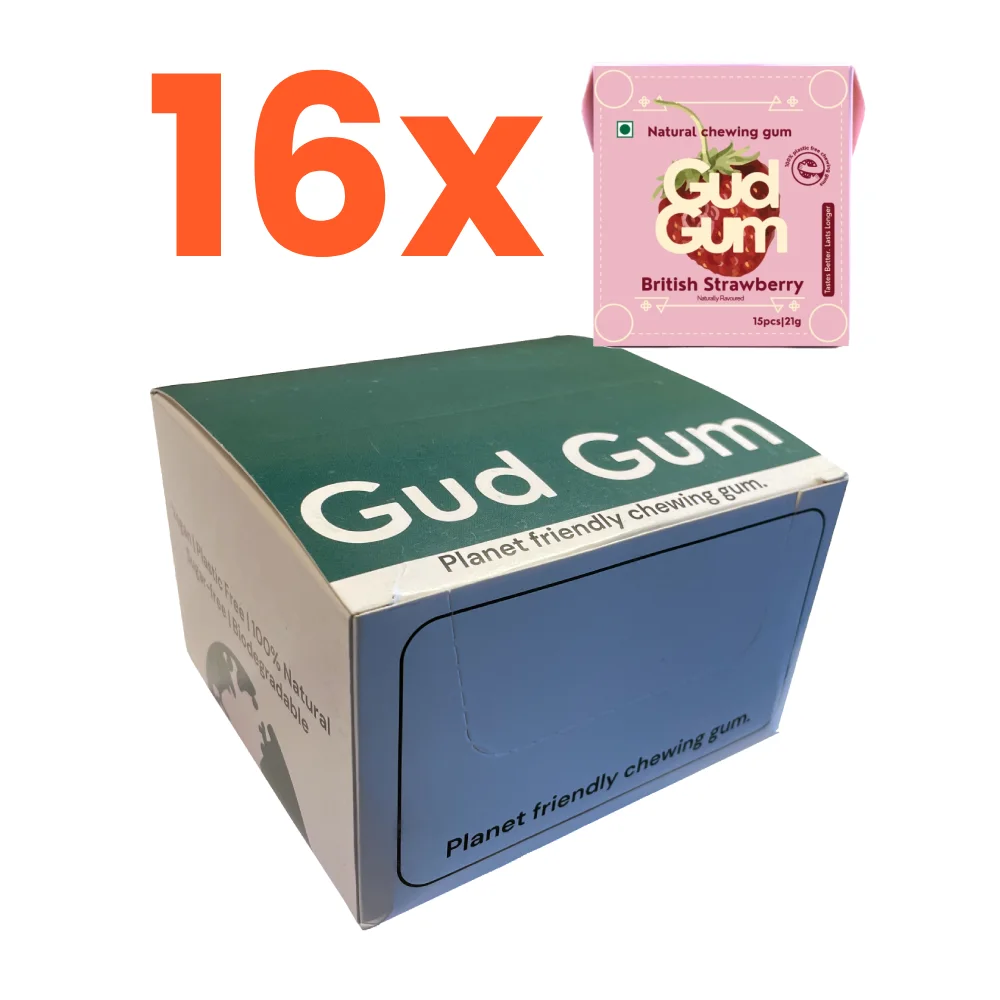 Velké balení přírodních žvýkaček - jahodová příchuť - velké balení s 16 krabičkami znázorněno na velkou krabičkou číslem 16x | Autor: Jiří Samuel | Pro web: healthychewinggum.com