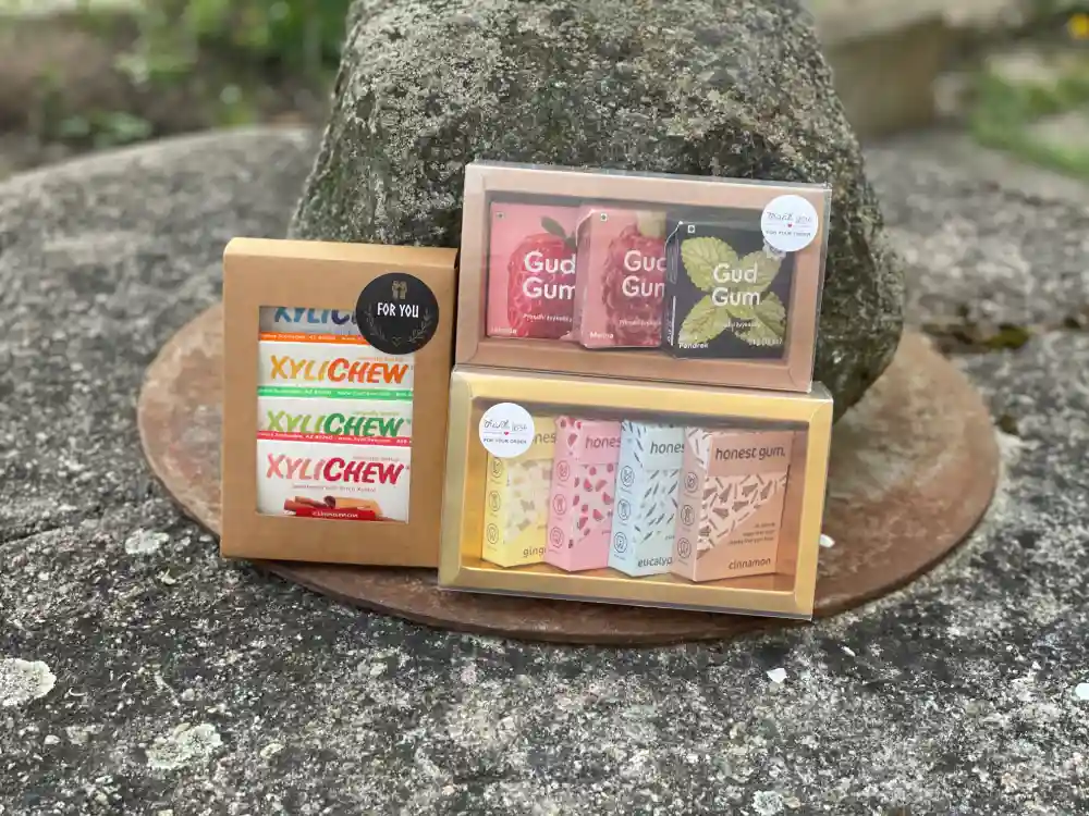 Americké žvýkačky Xylichew, Indické žvýkačky Gud Gum a australské žvýkačky Honest Gum v luxusním balení v krabičkách s průhlednou výlohou položené na studni na zahradě | Autor: Jiří Samuel | Pro web: healthychewinggum.cz (zdravezvykacky.cz) | Pro článek: Pozvánka na výstavy