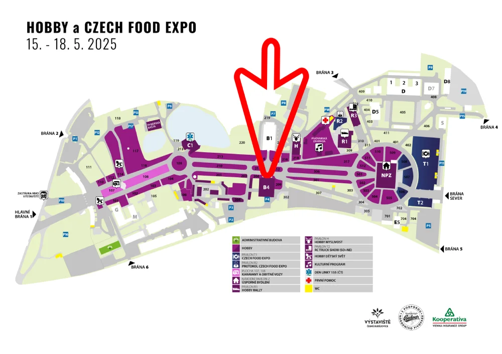 Mapa výstavy Hobby 2025 a Czech Food Expo 2025 v Českých Budějovicích