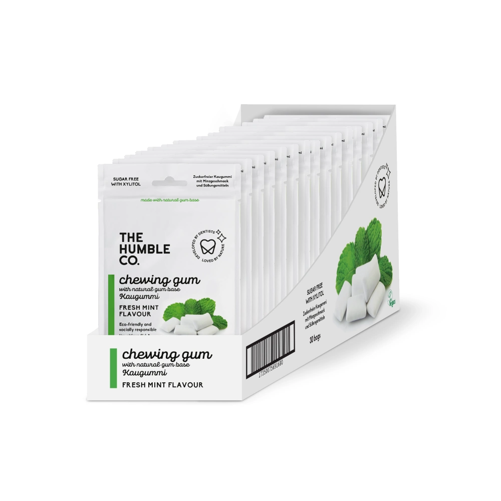 Natural chewing gum – fresh mint in a large pack of 30 bags on a white background – delivered in a large white box with a perforated section that can be removed to make the bags clearly visible | The Humble Co. | HealthyChewingGum.com