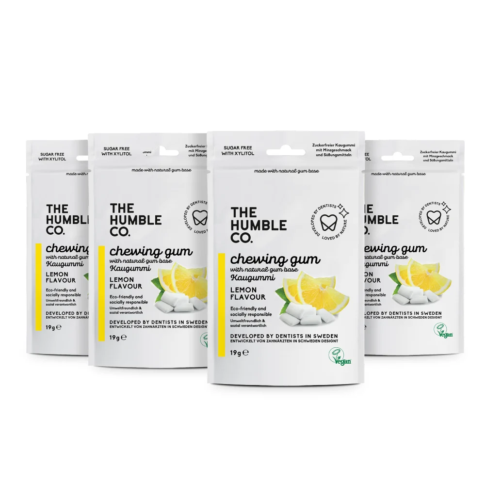 4 packs of The Humble Co. natural chewing gum side by side on a white background | HealthyChewingGum.com