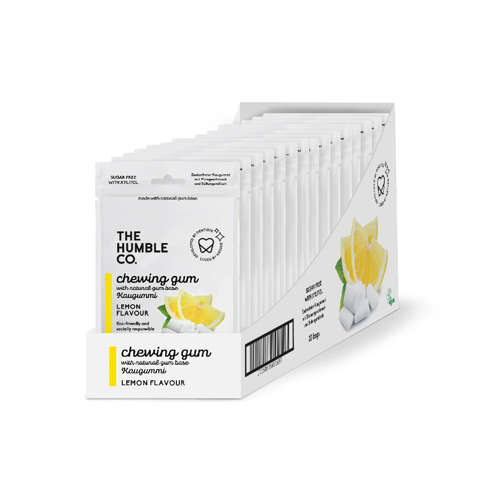 Natural chewing gum - lemon in a large pack of 30 bags on a white background - delivered in a large white box with a perforated section that can be separated so that the bags are clearly visible | The Humble Co. | HealthyChewingGum.com