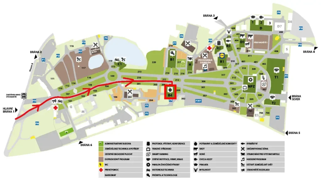 Mapa Výstaviště v Českých Budějovicích - cesta od hlavní brány do pavilonu B4 k vystavovateli Zdravé žvýkačky (Jiří Samuel) na výstavě Země živitelka 2025 | Zdroj mapy: Výstaviště ČB | Úpravy: Jiří Samuel