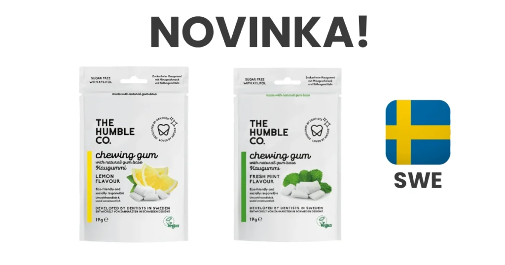 Novinka kterou představíme na výstavě Země živitelka 2025 v Českých Budějovicích - nový brand švédských žvýkaček od značky Humble Co ve dvou příchutích citrónové a svěží máty - na obrázku vidíte oba sáčky viditené z přední strany nad nimi vložení text velkým písmem NOVINKA a po pravé straně vložena vlajka Švédska s popiskem SWE