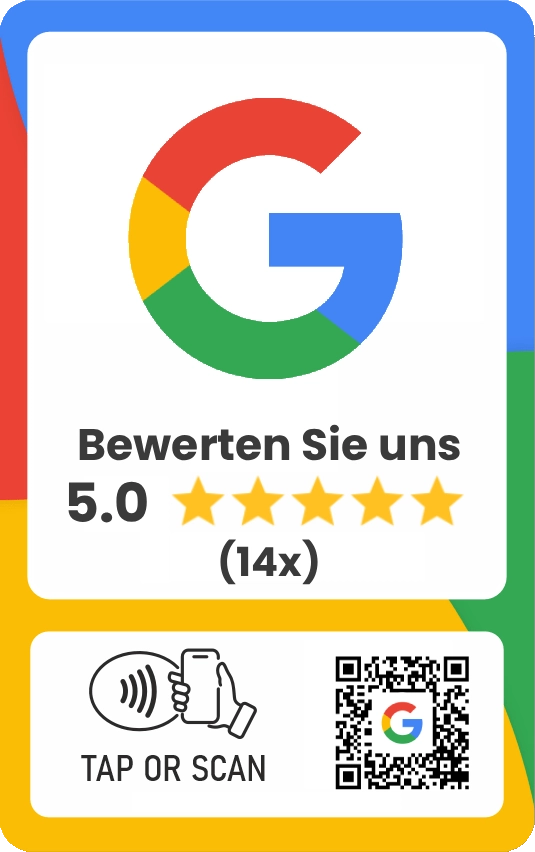 Bewertung von Healthy Chewing Gum auf Google Maps mit 14 Bewertungen mit einer Endbewertung von 5 Sternen - Bild mit einem großen Google-Buchstaben G - in einem farbigen Rechteck mit roten, blauen, grünen, gelben und blau-gelben Farben und dem Text „Bewerten Sie uns“.