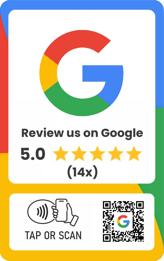 Printscreen rating of Healthy Chewing Gum on Google Maps with 14 reviews with a final rating of 5 stars - image with a large Google letter G - in a coloured rectangle with red blue green yellow and blue yellow colours and the text "Review us on Google"