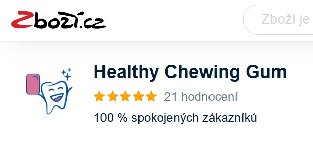 Screenshot der Bewertung von Healthy Chewing Gum auf Zbozi.cz mit 21 Rezensionen und einer Bewertung von 100 %.