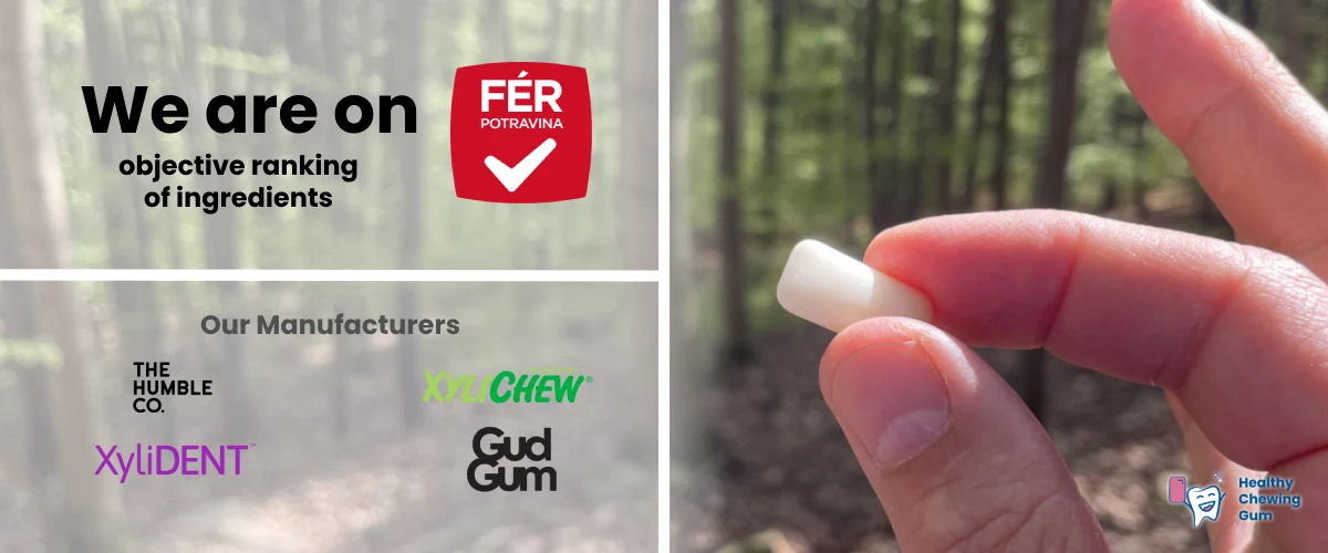 Photograph of beautiful nature on the left side with a white veil on which the logos of ferpotravina.cz, healthychewinggum.com and manufacturers of healthy chewing gum and lozenges are displayed, and on the right side a hand holding white expensive chewing gum between the thumb and forefinger, close up | For page: About us | For website: healthychewinggum.com
