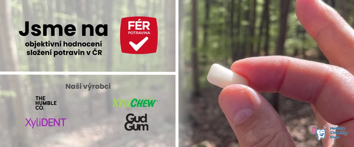 Fotografie krásné přírody po levé straně s bílým závojem na kterém jsou zobrazeny loga ferpotravina.cz, healthychewinggum.com a výrobců zdravých žvýkaček a pastilek a po pravé straně ruka držící bílé dražé žvýkačky mezi palcem a ukazováčkem zblízka | Pro stránku: O nás | Pro web: healthychewinggum.com